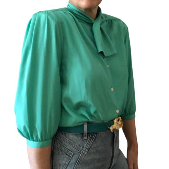 Vintage Turquoise Green PussyBow Blouse Chaus - Picture 15 of 16